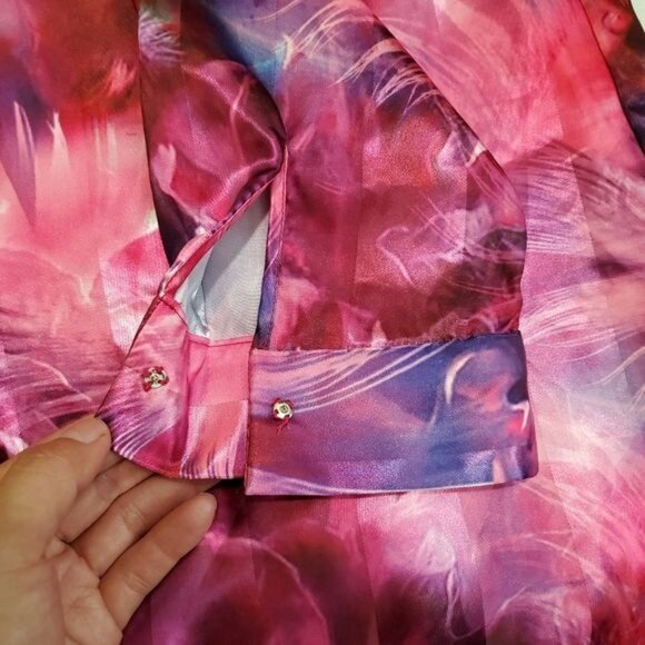 T Tahari Womens blouse Driya Pink Satin Printed Workwear Size XL snap button new - Picture 8 of 16